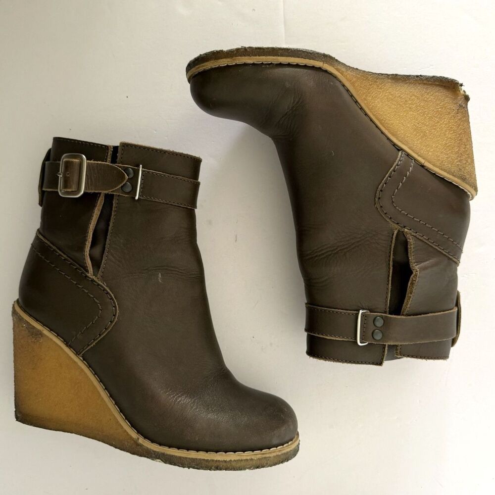 See By Chloé Crepe Wedge Brown Leather Buckle Boots, 5.5 Designer Fall Booties